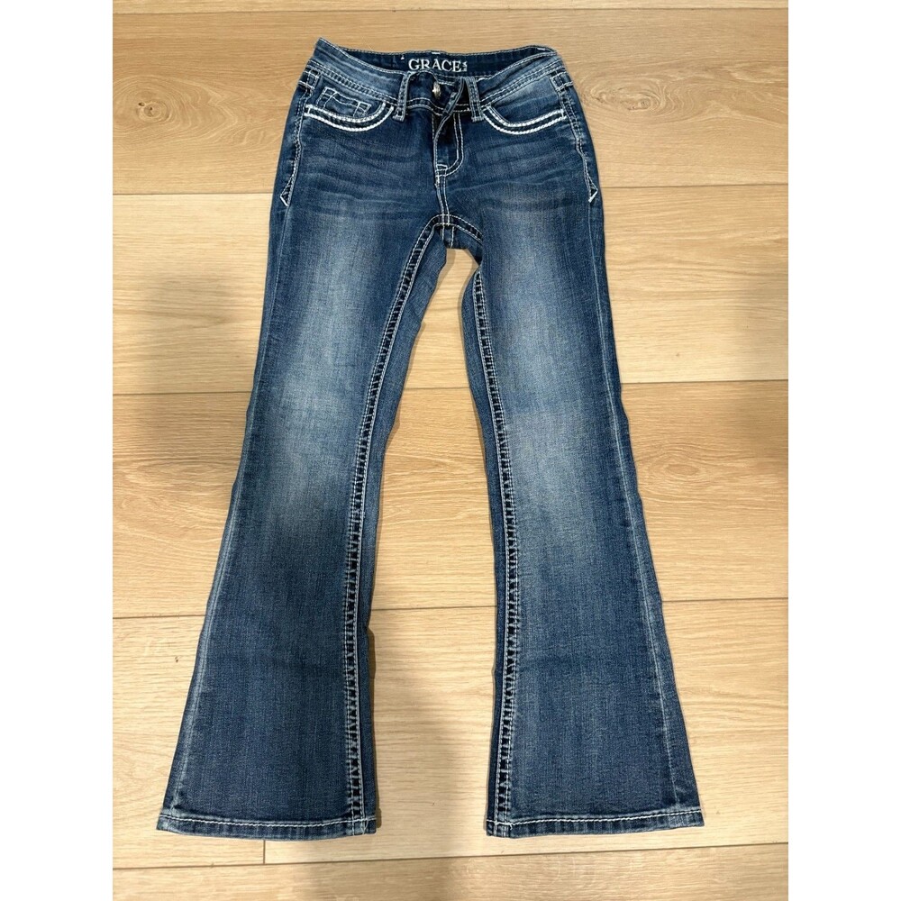 Grace in LA Girls Size 8 Bootcut Jeans Blue Denim Rhinestone Flap Back Pocket